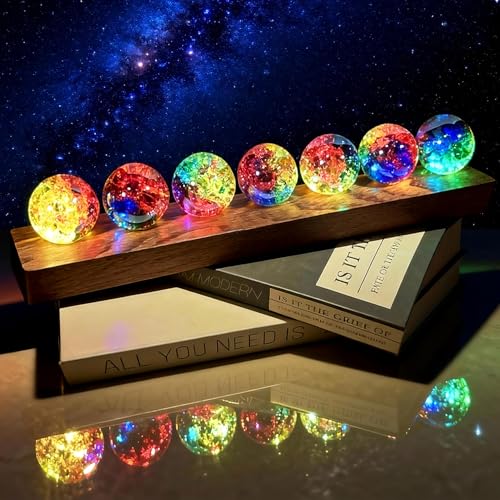Veilleuse boule de cristal 3D, lampe cristal, 7 couleurs de boules de cristal, sphères de 40 mm effet craquelé avec socle en bois et LED, boules de cristal...