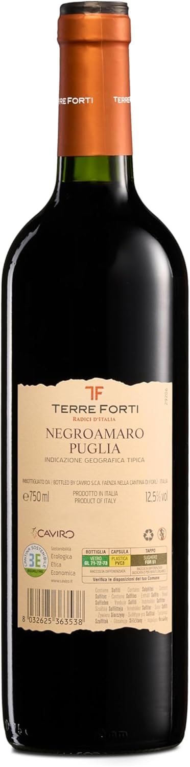 Terre Forti Negroamaro Puglia IGT, Italienischer Rotwein mit Rundem und Vollem Geschmack mit Noten Schwarzer Früchte, 12,5% Vol., Karton mit 6 Flaschen mit jeweils 750 ml