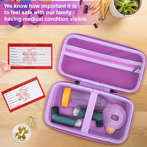 Image of MGZNMTY Travel Carrying Case Compatible with Asthma Inhaler Spacer for Adults and Children, Masks, Inhaler Holder with Asthma Alert Tag and Medical Card, Carabiner (Only Case) (Purple)