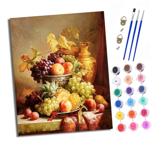 XXHXIE Pintura por Números para Adultos Bodegón de frutas coloridas Kit de Pintar por Números DIY con 3 Pinceles y Pinturas Acrílicas Con marco 40x50 cm Regalo para Decoración de Pared del Hogar
