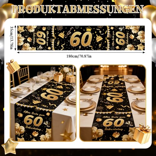 Tischläufer 60 Geburtstag Schwarz Gold,Alles Gute zum 60 Geburtstag Tischläufer,Deko Tischdecke Jahrestag,Tisch Deko für Geburtstagparty Dekoration,180 x 35 cm