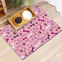 Dog Feeding Mat 24 x 16 Inch, Pink Paw Bone Woof Dog Placemat Absorbent Quick-Dry for Food and Water, Waterproof Non Slip Rubber Pet Bowl Pad Mat for Floors