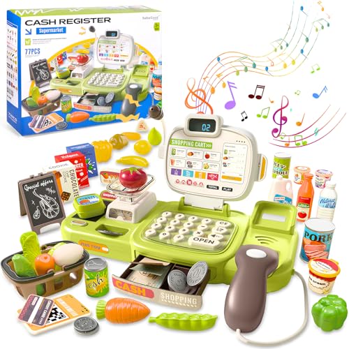 JUQG Jouets Caisse enregistreuse pour Enfants, 77 Accessoires, Cashier Cosplay Jouets avec Vraie Calculatrice Scanner Son et Lumière, Jouet Supermarché Jeu de Rôle...