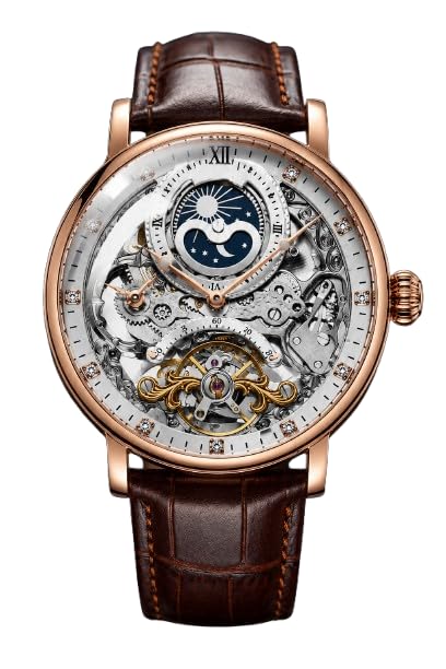 Luxury Automatic Skeleton Mechanical Watch for Men, Moon Phase Analog Wrist Watch with Brown Leather Strap, Roman Dial, Self-Winding, Premium Dress Watch for Business, Wedding & Gift-image-8