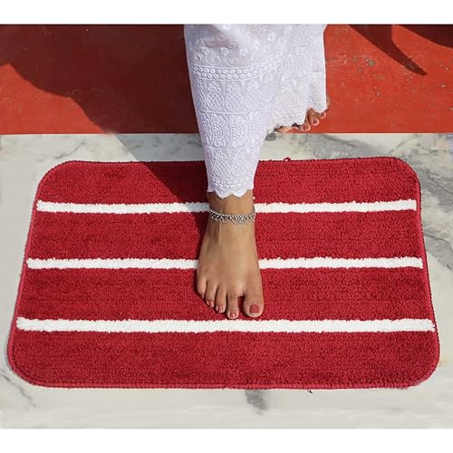 Image of Pure Source India Microfiber Anti-Slip Water Absorbent Door Mat, Three Strips Design (58cm x 39cm) Red Color Entrance Floor Mat for Home Bedroom Bathroom Pack of 1