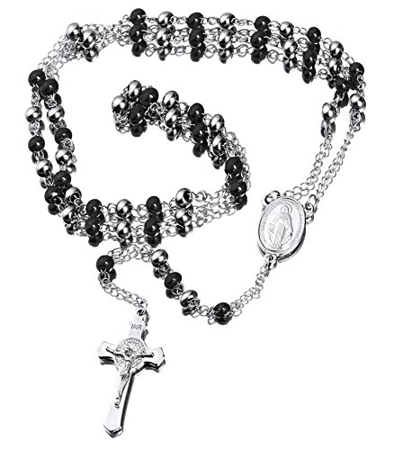 Black Silver Rosary Necklace with Miraculous Medal
