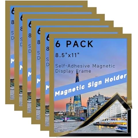 AKONEGE 6 Pack Magnetic Sign Holder 8.5" x 11", Double Sided Self Adhesive Display Picture Frames with Magnetic Border and Clear PVC, Document Poster Paper Holder for Glass Walls Doors Windows, Gold Cover