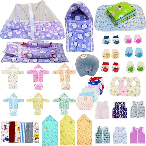 Image of Infantbond Baby All Season Use Hospital Essential Combo for New Born | Gift Pack | Baby Products | Maternity Essentials (60 Items)(0-6 Months) (Purpal Kitty 59)(Colours May Vary)