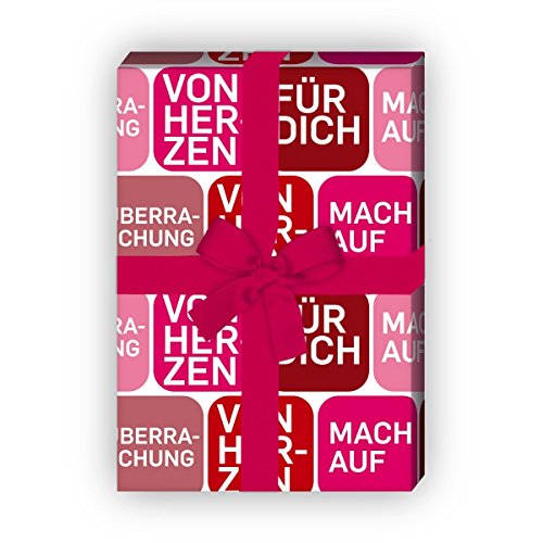 Von Herzen Geschenkpapier mit Text mach auf uvm, rot, für tolle Geschenk Verpackung und Überraschungen (4 Bogen, 32 x 48cm) Dekorpapier, Papier zum Einpacken