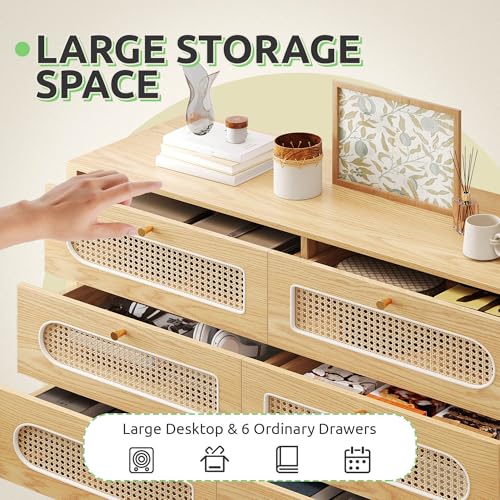 GOOBED Natural Rattan 6 Drawer Dressers - Oak Wooden Dresser Chest of Drawers with Golden Handles - Modern Large Boho Dressers Storage Cabinet for Living Room/Hallway/Entryway