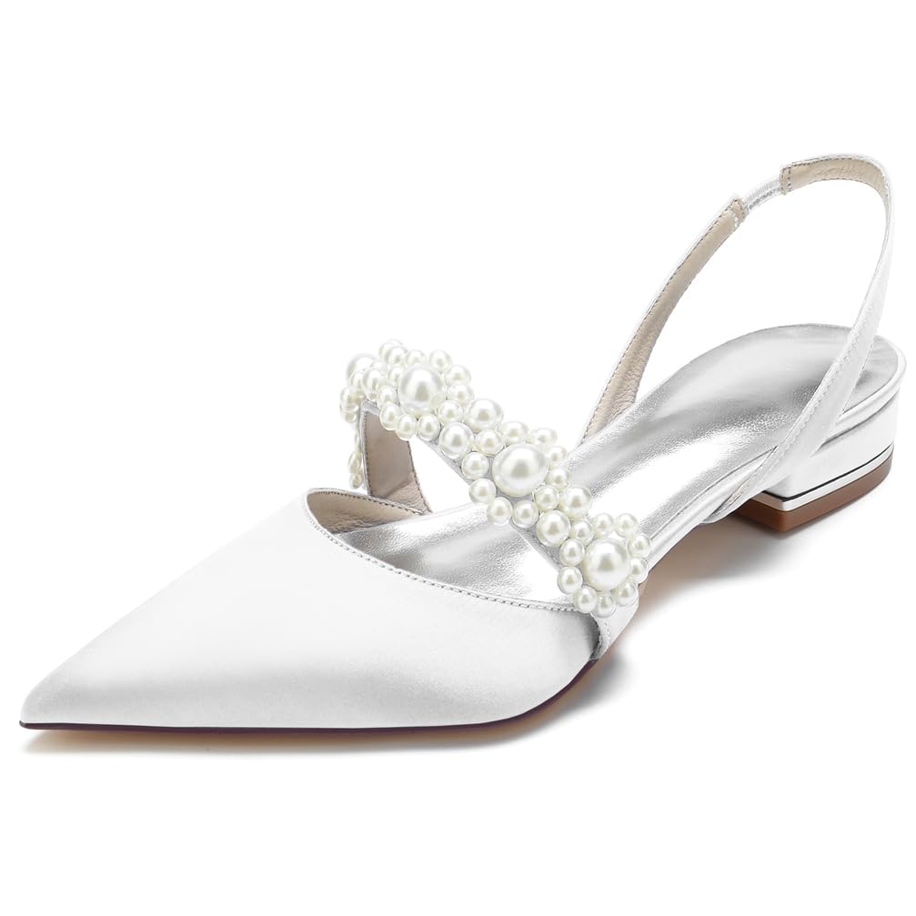 Scarpe da Sposa da Donna in Raso con Punta Chiusa e Cinturino Posteriore, Tacco Basso, Perle, comode e Piatte, Scarpe da Sposa, Scarpe Eleganti, Scarpe da Fidanzamento