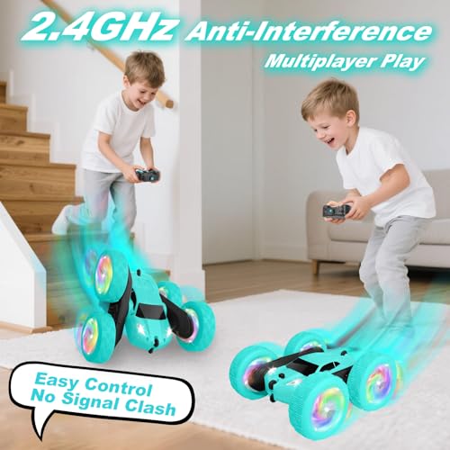 Image of Remote Control Car, Stunt RC Cars, 2.4GHz Double Sided 360 Flips RC Crawler, Outdoor Toys for Kids Ages 4-8, Upgraded USB-C Modular Battery, 5 6 7 8 9 10 +Year Old Boys Birthday Gifts MintGreen
