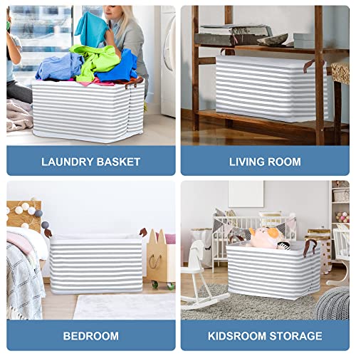 Qianbird Extra Large Storage Basket Organizer Fabric Storage Bin For Shelf Closet Organizer Bin Collapsible Storage Box With Pu Leather Handles And Drawstring Closure (Waterproof Lining, Grey Stripe) #TOP5
