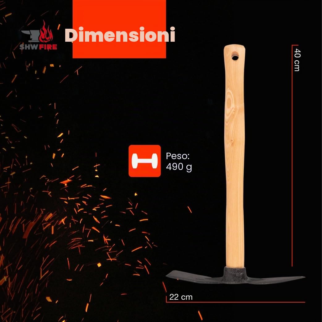 SHW-FIRE - Zappa forgiata stabile per giardino, lama larga e cuore, manico ergonomico corto 40 cm