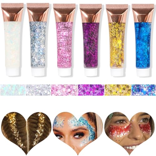 DIFLAX 6 Peças purpurina rosto gel, gel de brilho corporal, purpurpurinas rosto festival glitter maquilhagem gel Chunky purpurpurina corpo purpurina facial purpurina cabelo purpurina facial purpurina