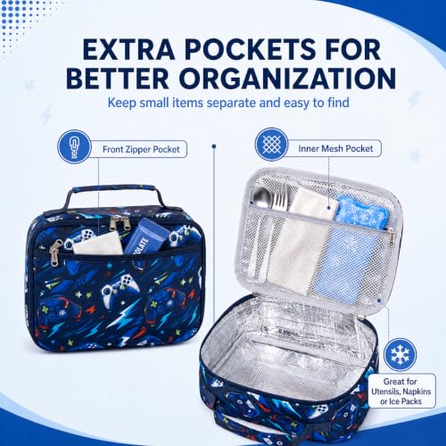 Image of CAMTOP Lunch Box Kids Boys Insulated Lunch Cooler Bag Reusable Lunch Tote Kit for School Travel (Dark Blue Star)