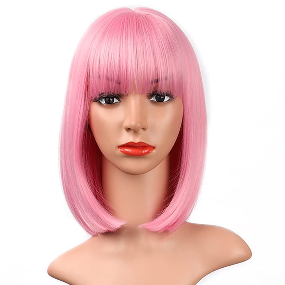 Pink Bob Wigs with Bangs, 30 cm Short Straight Bob Wigs, Natural Looking Heat Resistant Wig, Synthetic Hair Shoulder Length Wig, Colorful Cosplay Daily Party Wig for Women Girls