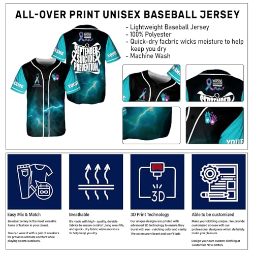 Custom Suicide Awareness Baseball Jersey, Suicide Prevention Shirt, Ribbon Suicide Awareness Pride Jersey Inspirational Gift miniatura 5
