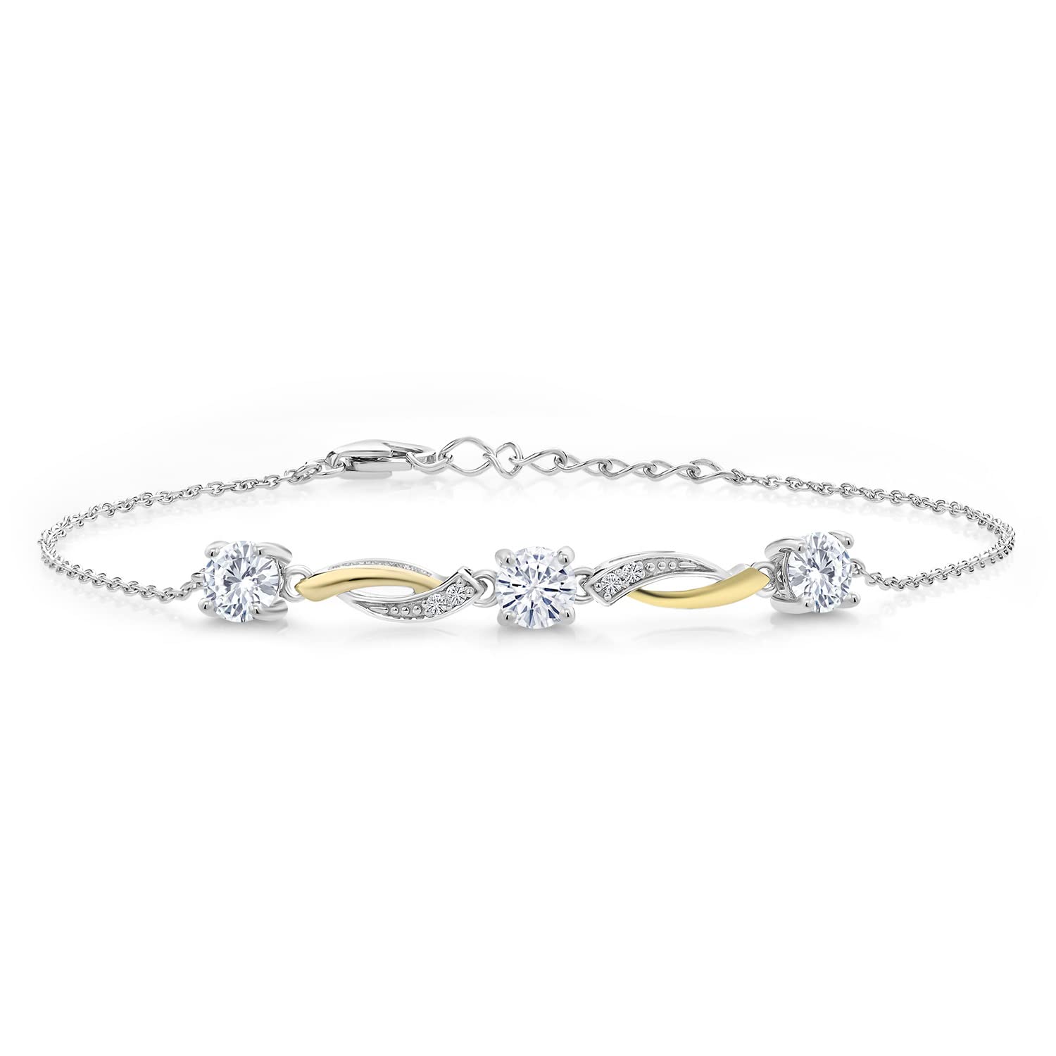Gem Stone King2-Tone 925 Sterling Silver and 10K Yellow Gold Lab Grown Diamond and White Moissanite Tennis Bracelet For Women (1.54 Cttw, G-H Color, 7 Inch, with 1 Inch Extender)
