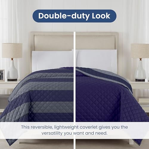 Image of Martex Reversible Coverlet, Full Queen, Rugby Stripe /Navy | Lightweight, Durable, Soft, Easy Care, Reversible