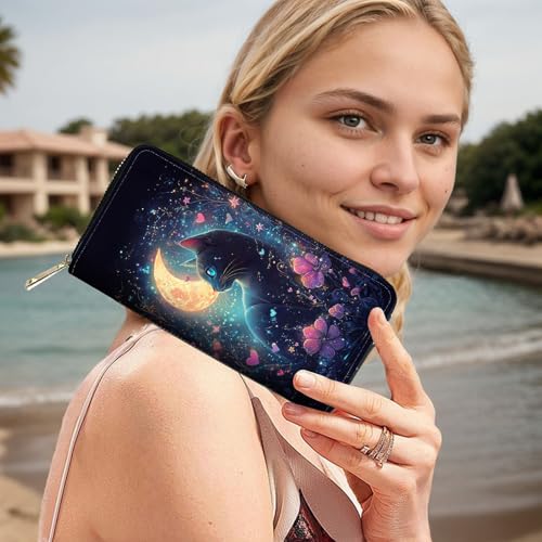 Image of RFID Blocking Leather Wallet for Women - Large Capacity Zip Around Clutch with 8 Card Slots,36 Cash Pockets & Coin Zipper,Cute Cat Flower Moon