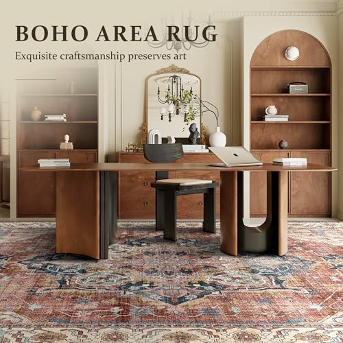 Deerly Large Washable Living Room Rugs 9x12 Boho Vintage Area Rug Indoor Bedroom Carpet with Non Slip Rubber Backing for Under Dining Table Office Farmhouse, Brickred/Multi