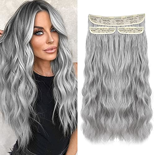 HOOJIH 20” Clip in Hair Extensions, 3PCS Set Thick Long Wavy Curly Hair Extensions Invisible Full Head Synthetic Hairpiece for Women 8oz - Silver Gray With Brown Mixed