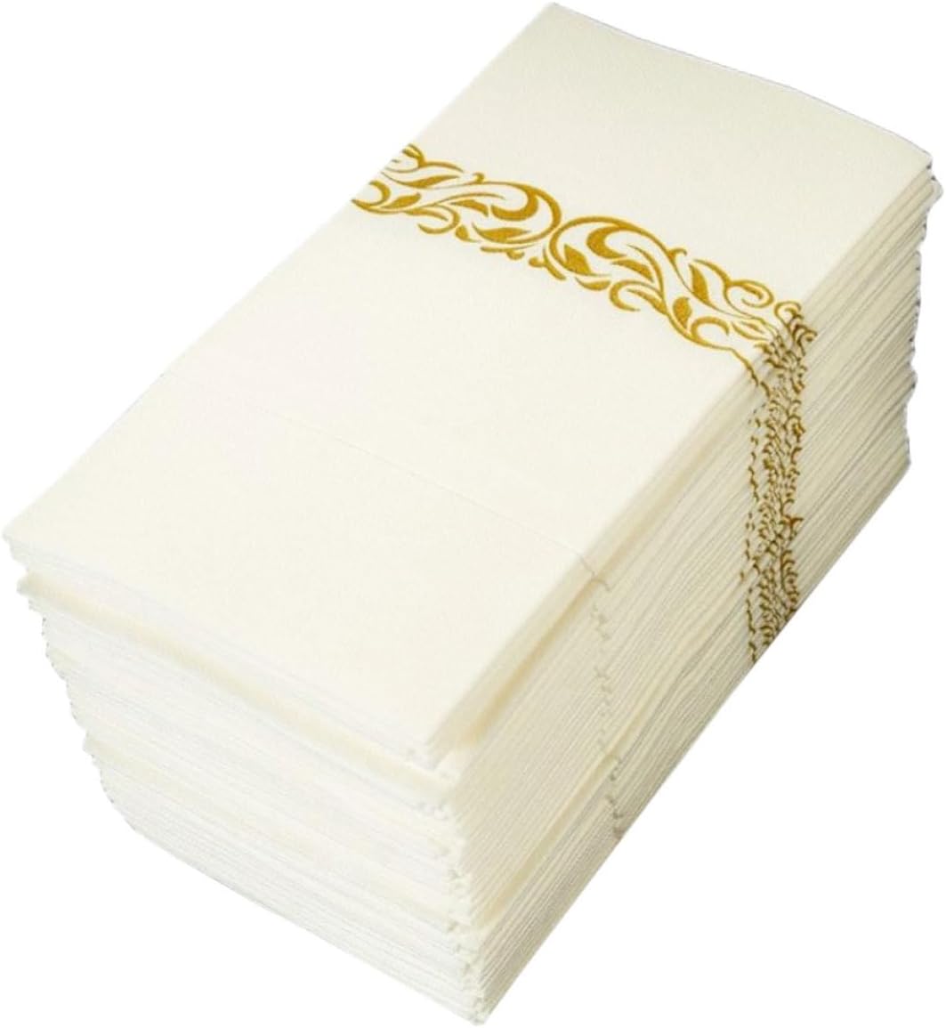 Uonlytech Cutlery 50Pcs Gold Floral Printed Disposable Table Napkins with Built-In Flatware Holder 40X40Cm for Wedding Party Table Decor and Restaurant Use