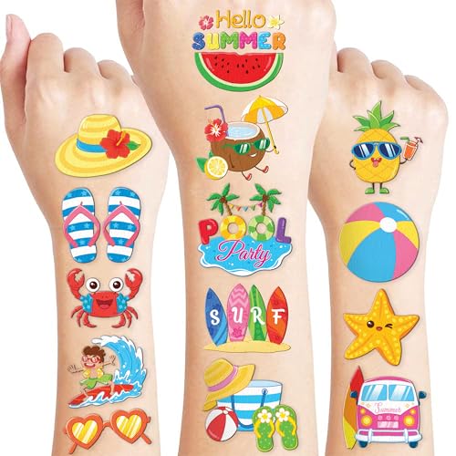 Image of 96 PCS Hello Summer Beach Pool Pre-Cut Temporary Tattoos for Kids | | Super Cute Themed Birthday Party Favors, Supplies, Decorations, Hawaiian Fake Tattoo Stickers, Gifts for Boys Girls