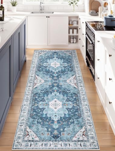 SERISSA Boho Washable Runner Rug, 2x6 Rug Non-Slip Vintage Blue Hallway Kitchen Runner Rug Ultra Soft Print Distressed Floor Carpet for Bedroom Bathroom Laundry Living Room