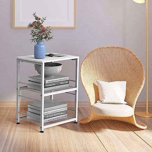 White-Side-Table-Living-Room-End-Table-Bedroom-Small-Nightstand-Modern-Bedside-Table-with-Storage-Shelf-Kitchen-Rolling-Cart-3-Tier-Mobile-Side-Table-with-Storage-Printer-Stand-Rack-for-Home-Office