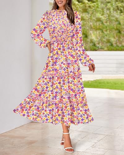 Image of NOLLSOM Women 2026 Spring Dress Floral Boho Dress Casual Long Sleeve Crew Neck Ruffle A-Line Flowy Wedding Guest Maxi Dresses