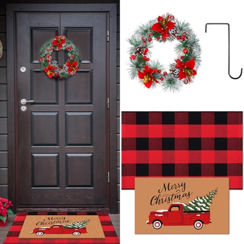 Timgle 4 Pcs Merry Christmas Doormat Decor Kit Truck Front Door Mat and Red and Black Plaid Rug Front Door Christmas Wreath with Metal Single Hook for Christmas Outdoor Front Porch, Entryway Farmhouse