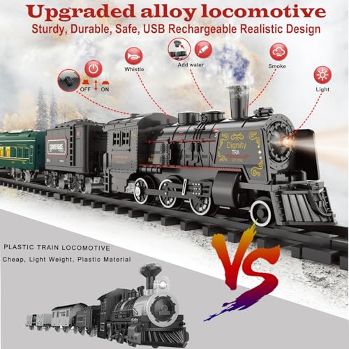 Image of Electric Train Sets for Kids Metal Alloy Christmas Train Toys Steam Locomotive, Glowing Passenger Carriages, Luxury Tracks, Light & Sounds Rechargeable Birthday Gifts for Boys Girls Red Green 