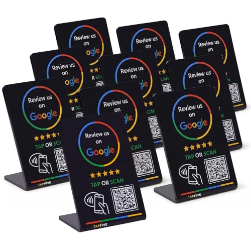 Image of Google Review Stand by TapFive - Tap to Review NFC Tap & QR Code Sign for Restaurants, Salons, Retail & Front Desks | QR Code Stand | No Monthly Fees (Black, 10 Stands)