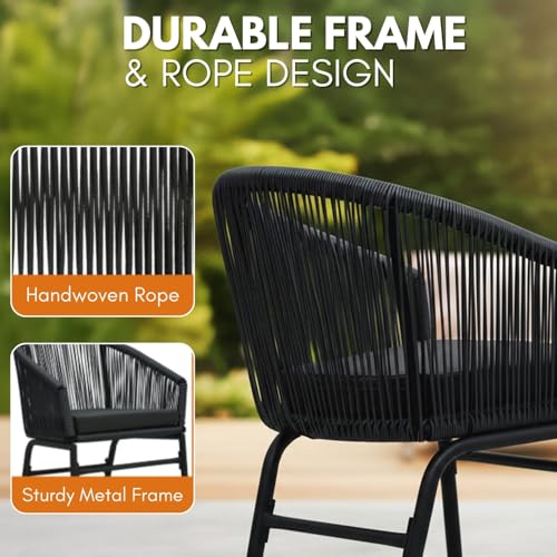 Image of DEVOKO Outdoor 3-Piece Rope Patio All-Weather Bistro Chair & Glass Top Tea Table for Balcony, Garden, Deck, Porch & Pool (Black & Black)