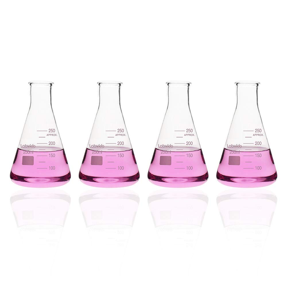 Labvida 4pcs of Narrow Mouth Glass Erlenmeyer Flasks, Vol.250ml, 3.3