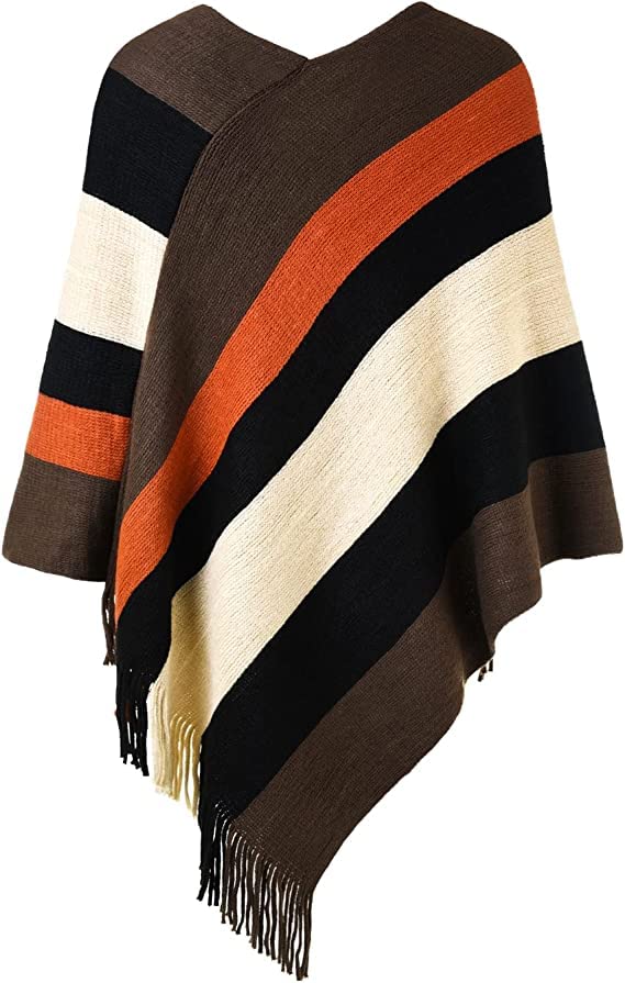 Chal de punto para mujer estilo poncho de rayas con capucha invierno moda