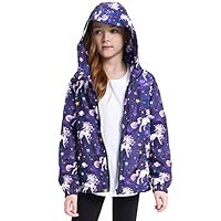Jxstar Girls Rain Jackets Waterproof Hoodie Kids Raincoats Lightweight Windbreakers, Unicorn 482, 8-9 years