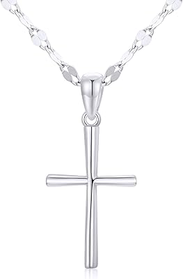 14k White Gold Cross Pendant and Lip Chain Necklace for Women, Baptism Jewelry Confirmation Gifts for Her, 18 inch