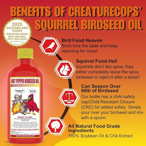 CreatureCops™ Spicy Squirrel Seed Sauce | All-Natural & Squirrel-Resistant Hot Pepper Bird Seed Oil | Flaming Hot Sauce Hotter Than Pre-Spiced Birdseed | Seasons >60lb per 16oz Bottle - Image 3