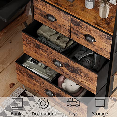 Furologee Vertical 4 Drawer Dresser Organizer With 3-Tiers Wood Shelf,Tall Fabric Storage Tower Unit, Sturdy Metal Frame Chest Of Drawers,Removable Brown Fabric Bins For Bedroom,Entryway,Office #TOP3