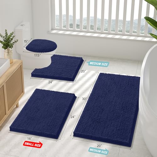 Smiry Luxury Chenille Bathroom Rugs 71x47, Extra Soft and Absorbent Shaggy Bath Mat, Machine Washable, Non-Slip Plush Carpet Runner for Tub, Shower, and Floor, Home Decor Accessories, Navy Blue