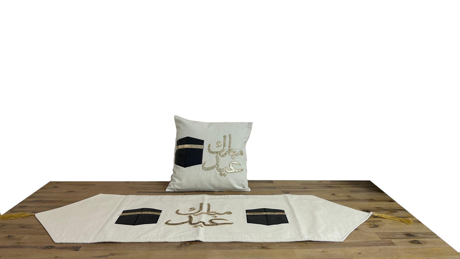 Home Paradise Eid Mubarak Table Runner with 2 Cushions Cover, Handmade Dining Table Decoration, Versatile Arabic Calligraphy Complete Dining Set, Islamic Traditions Decor