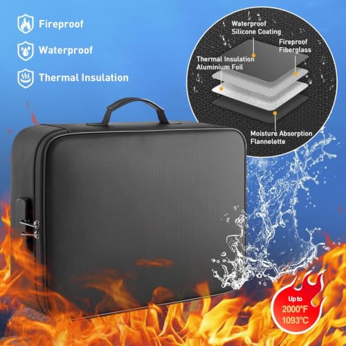 Image of Fireproof Waterproof Document Bag with Lock - Portable Waterproof Document Organizer for Important File - Fire Proof Travel Storage Case with Zipper for Laptop,Passport
