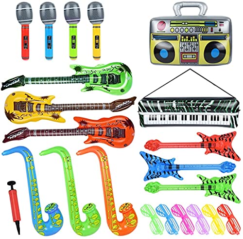 LATERN 22Pcs Inflatable Musical Instruments Inflatable Rock Star Guitars Saxophones Microphones Radio Keyboard Basses and Glasses for Favors Decoration Photo Booth Props - with Air Pump
