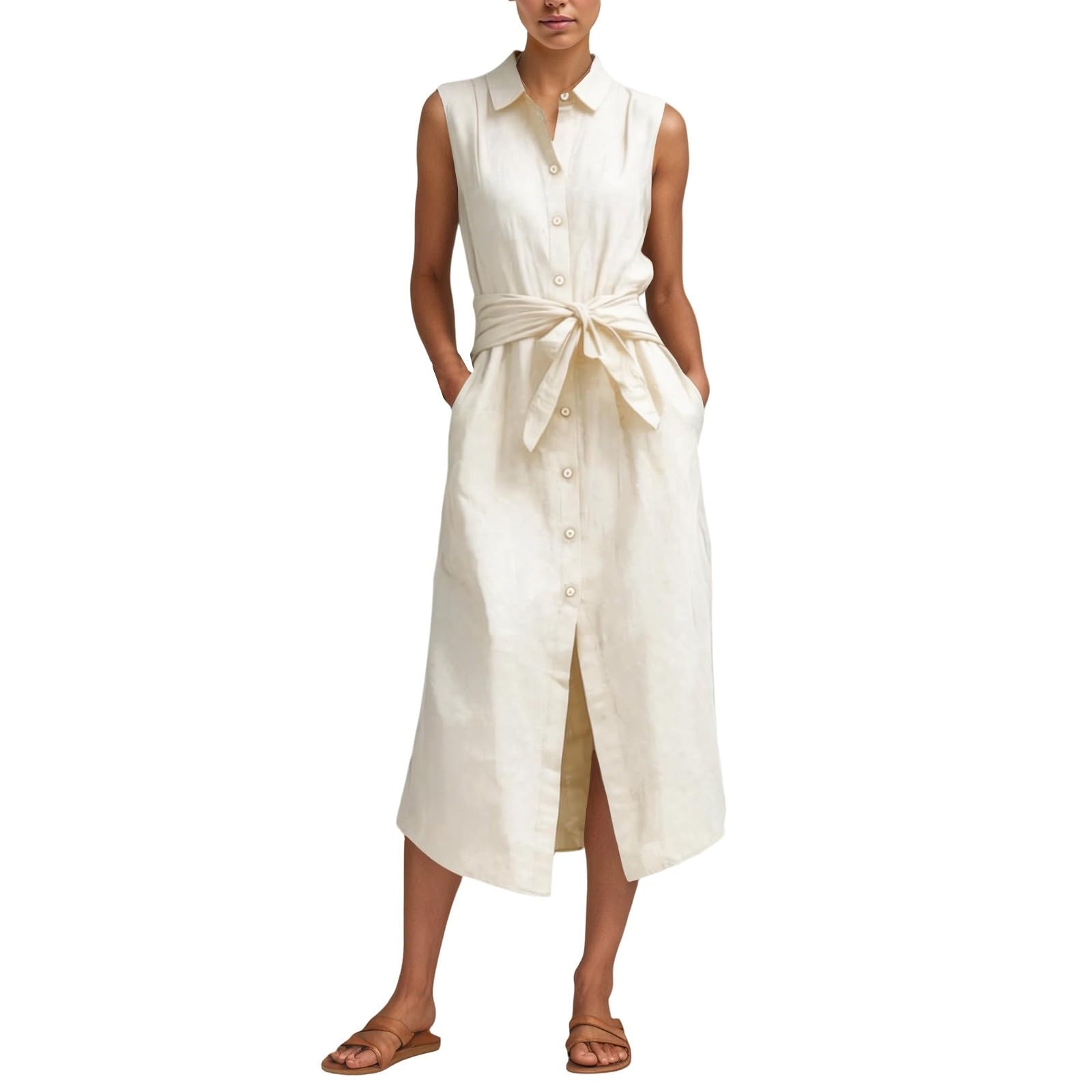 Cexiakong Summer Dress Women's Muslin Dress Linen Dresses Button Down Linen Dress Knee-Length Casual Beach Dress Sleeveless Summer Dresses Summer Shirt Dresses Casual Dress with Pockets, O Beige, S