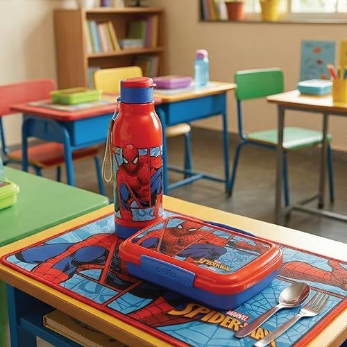 Image of CELLO Lunch On Spiderman Design Kids Combo Set Blue | Inner Compartment Lunch Box with Insulated Water Bottle Leak Proof Airtight Lightweight 3D Print Tiffin Box Bottle Set for School Kids Boys Girls