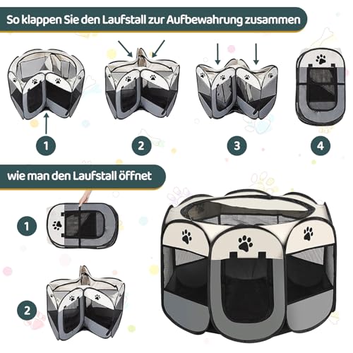 Welpenauslauf Faltbare Hundebox - 74x74x43cm Welpenlaufstall Faltbare hundezelt Katzengehege für Drinnen Outdoor Hundekäfig Kaninchen Laufstall Katze Hund Katzenzelt Kleintiergehege (Grau)