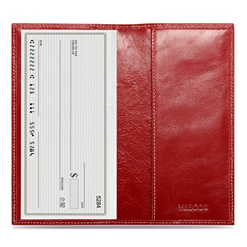 Image of HISCOW Slim Leather Checkbook Cover for Personal Checks, Antiqued Red, One Size, Minimalist | Full grain cowhide, transaction register & check book pockets, removable duplicate divider, durable stitching, gifts for men